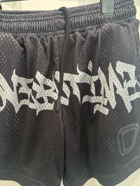 Overtime - Black Mesh Graphic Drawstring Shorts - White Graffiti Print